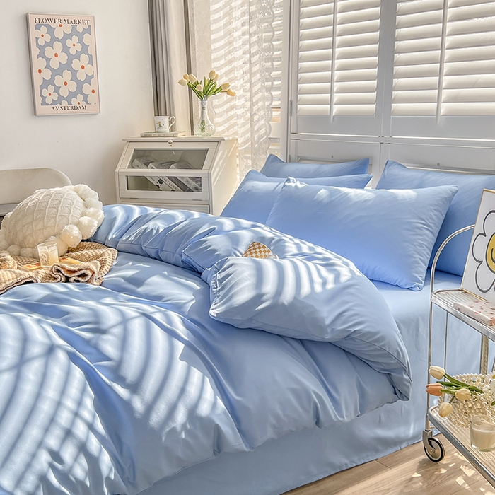 91家纺网 家纺一手货源 找家纺 啊雅家居 2025新款学生宿舍双拼磨毛被套床单床笠单品三件套四件套 天空兰