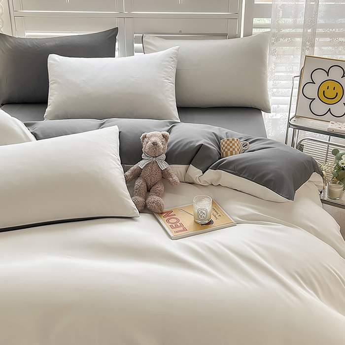 91家纺网 家纺一手货源 找家纺 啊雅家居 2025新款学生宿舍双拼磨毛被套床单床笠单品三件套四件套 米白加深灰