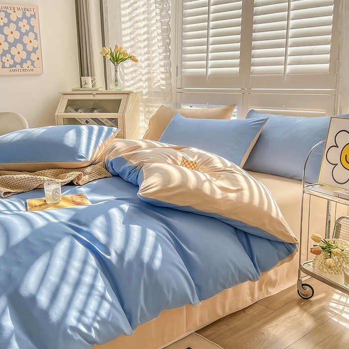 91家纺网 家纺一手货源 找家纺 啊雅家居 2025新款学生宿舍双拼磨毛被套床单床笠单品三件套四件套 天空兰加黄