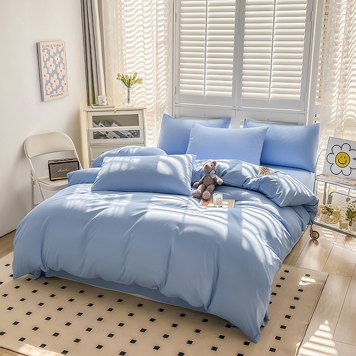 91家纺网 家纺一手货源 找家纺 啊雅家居 2025新款学生宿舍双拼磨毛被套床单床笠单品三件套四件套 天空兰