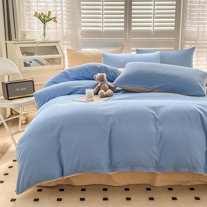 91家纺网 家纺一手货源 找家纺 啊雅家居 2025新款学生宿舍双拼磨毛被套床单床笠单品三件套四件套 天空兰加黄