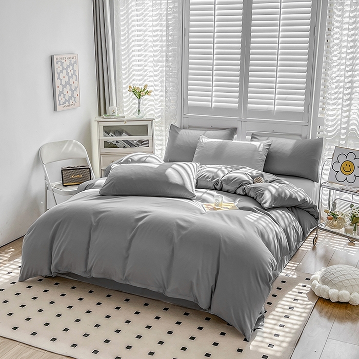 91家纺网 家纺一手货源 找家纺 啊雅家居 2025新款学生宿舍双拼磨毛被套床单床笠单品三件套四件套 浅灰