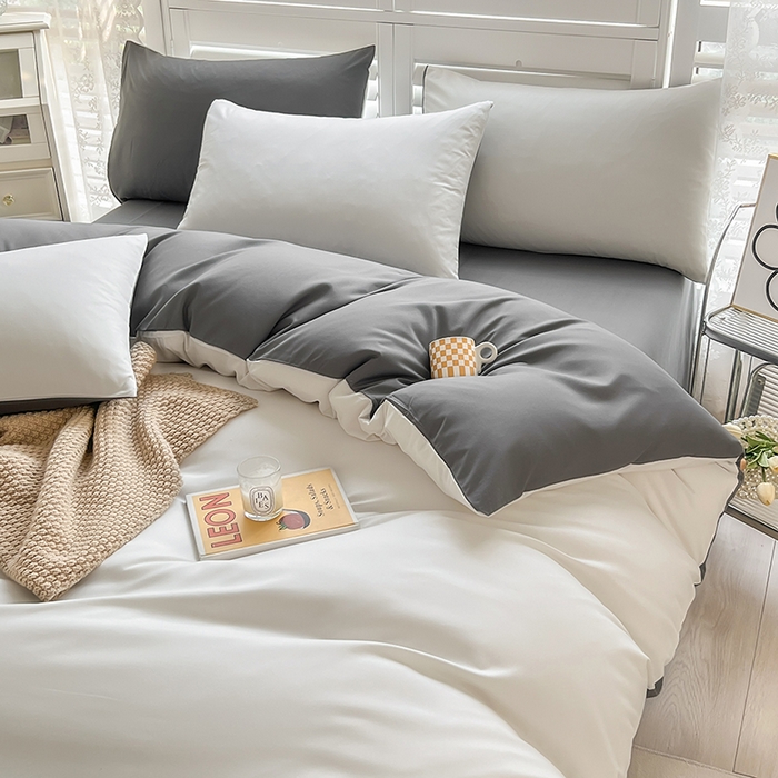 91家纺网 家纺一手货源 找家纺 啊雅家居 2025新款学生宿舍双拼磨毛被套床单床笠单品三件套四件套 米白加深灰