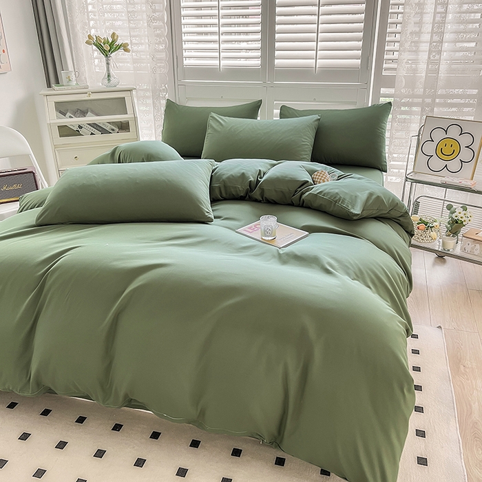 91家纺网 家纺一手货源 找家纺 啊雅家居 2025新款学生宿舍双拼磨毛被套床单床笠单品三件套四件套 草绿