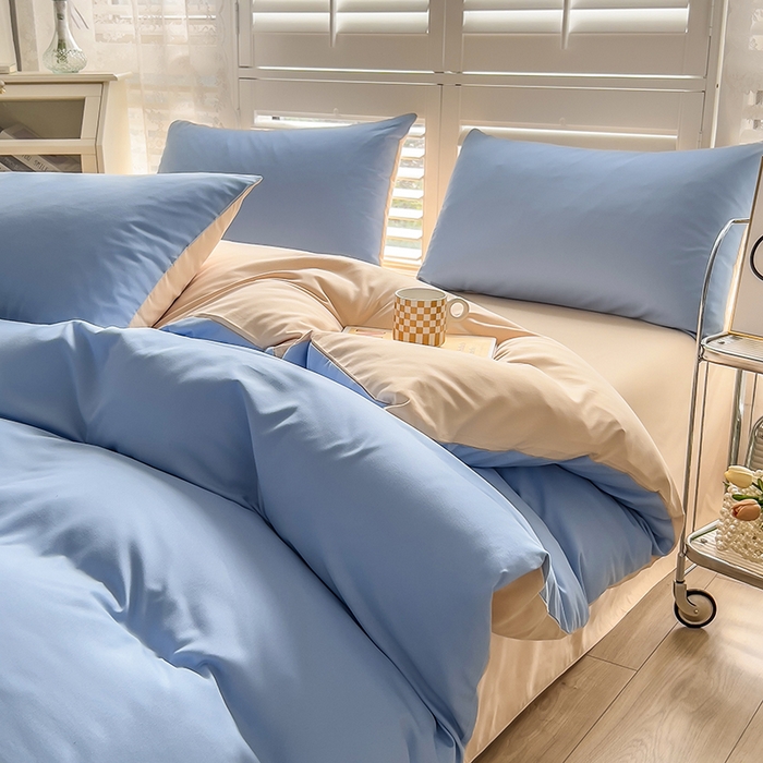 91家纺网 家纺一手货源 找家纺 啊雅家居 2025新款学生宿舍双拼磨毛被套床单床笠单品三件套四件套 天空兰加黄