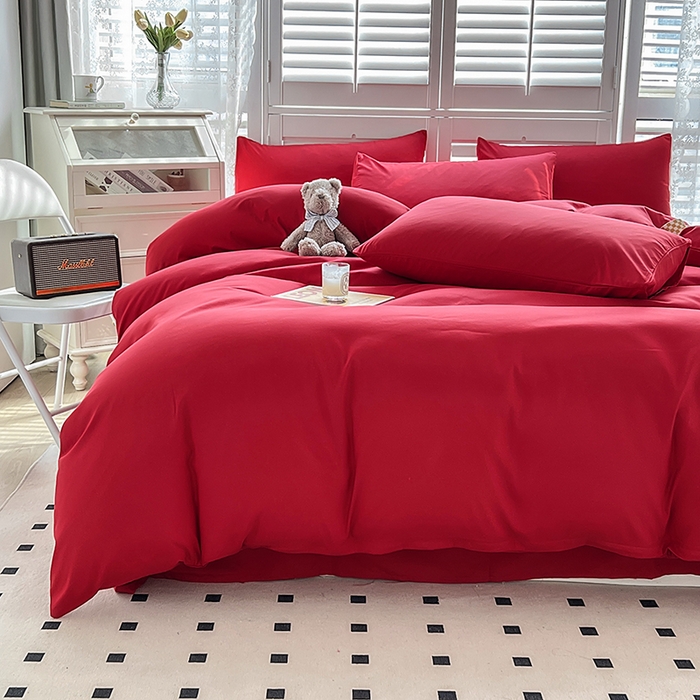 91家纺网 家纺一手货源 找家纺 啊雅家居 2025新款学生宿舍双拼磨毛被套床单床笠单品三件套四件套 红色