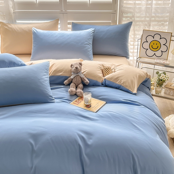 91家纺网 家纺一手货源 找家纺 啊雅家居 2025新款学生宿舍双拼磨毛被套床单床笠单品三件套四件套 天空兰加黄