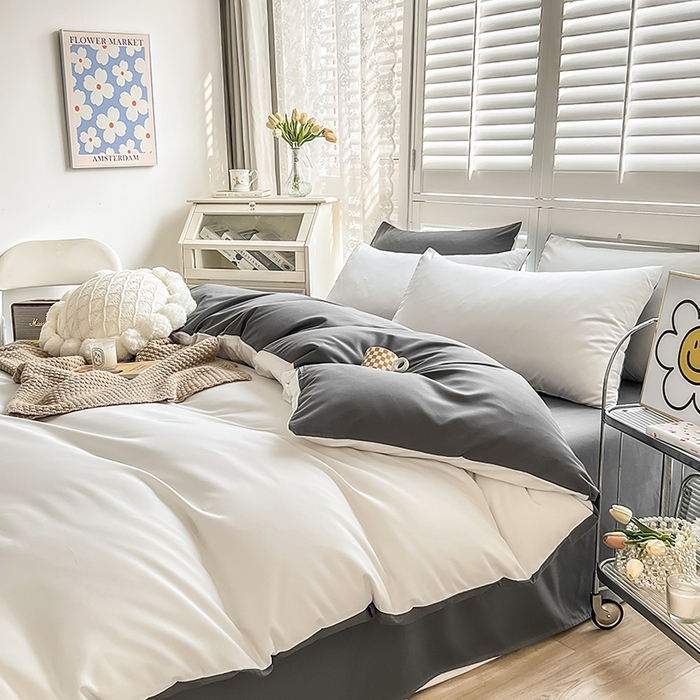 91家纺网 家纺一手货源 找家纺 啊雅家居 2025新款学生宿舍双拼磨毛被套床单床笠单品三件套四件套 米白加深灰