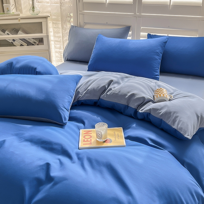 91家纺网 家纺一手货源 找家纺 啊雅家居 2025新款学生宿舍双拼磨毛被套床单床笠单品三件套四件套 克莱因蓝加浅蓝灰