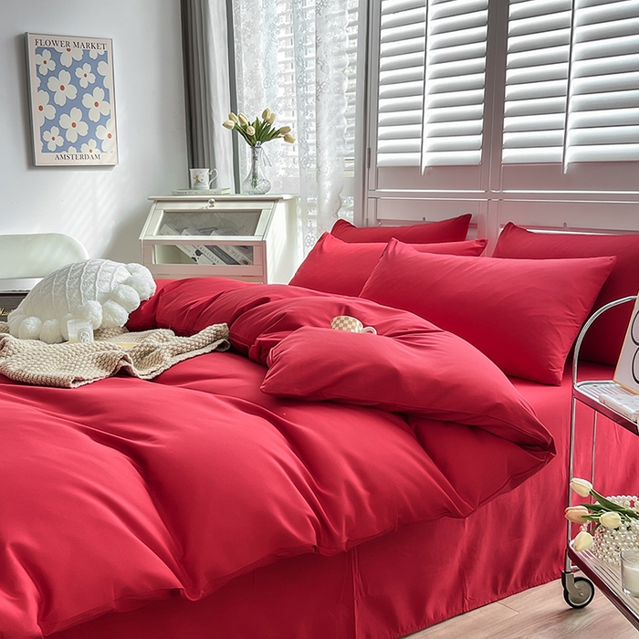 91家纺网 家纺一手货源 找家纺 啊雅家居 2025新款学生宿舍双拼磨毛被套床单床笠单品三件套四件套 红色
