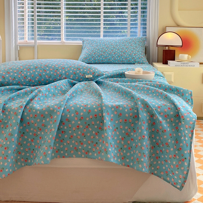 91家纺网 家纺一手货源 找家纺 爱彼家纺 2025夏季古艺原棉老粗布床单三件套凉席-系列五 蓝玫瑰