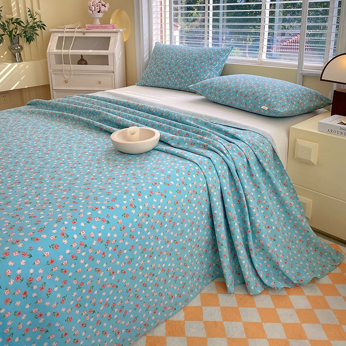 91家纺网 家纺一手货源 找家纺 爱彼家纺 2025夏季古艺原棉老粗布床单三件套凉席-系列五 蓝玫瑰