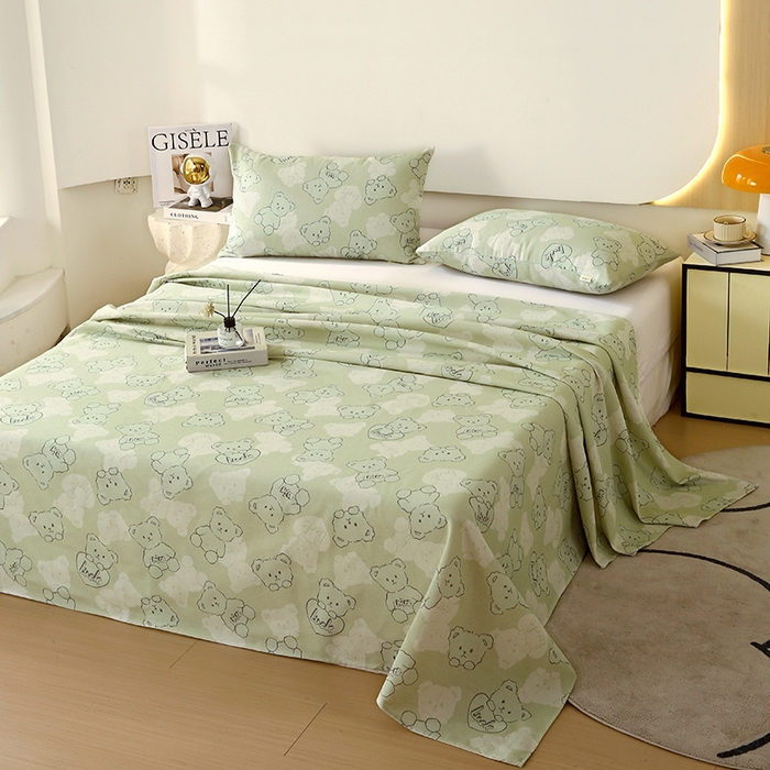 91家纺网 家纺一手货源 找家纺 爱彼家纺 2025夏季古艺原棉老粗布床单三件套凉席-系列五 睡小熊