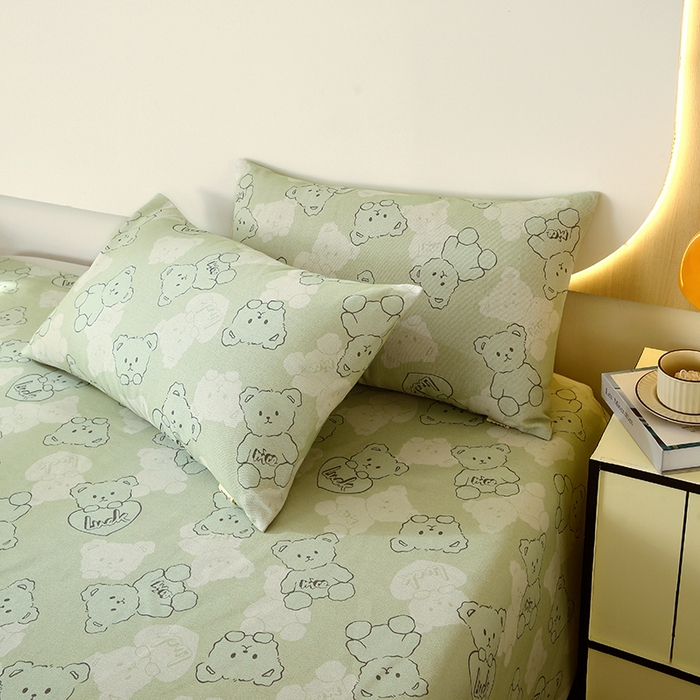 91家纺网 家纺一手货源 找家纺 爱彼家纺 2025夏季古艺原棉老粗布床单三件套凉席-系列五 睡小熊