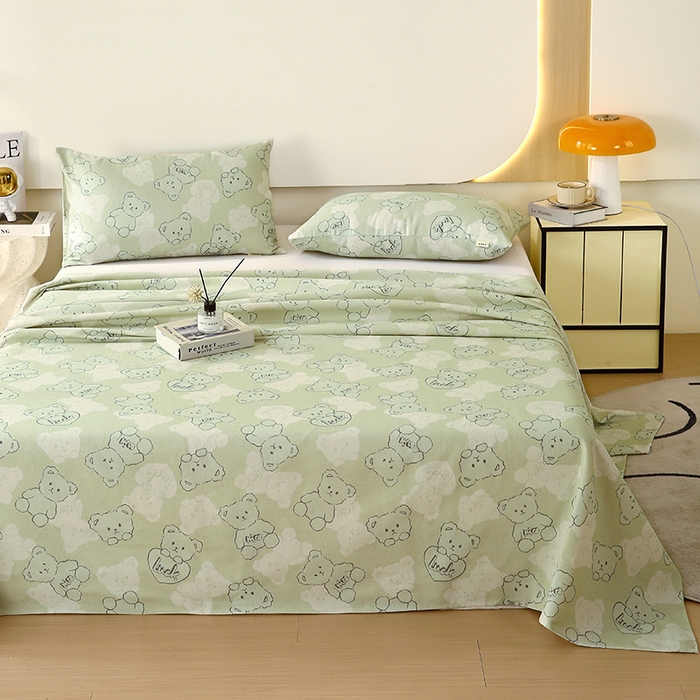 91家纺网 家纺一手货源 找家纺 爱彼家纺 2025夏季古艺原棉老粗布床单三件套凉席-系列五 睡小熊