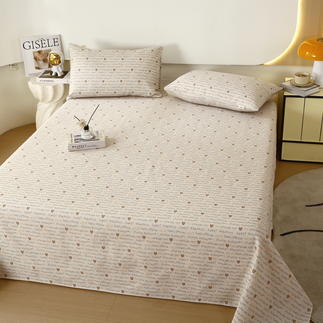 91家纺网 家纺一手货源 找家纺 爱彼家纺 2025夏季古艺原棉老粗布床单三件套凉席-系列五 字母小熊