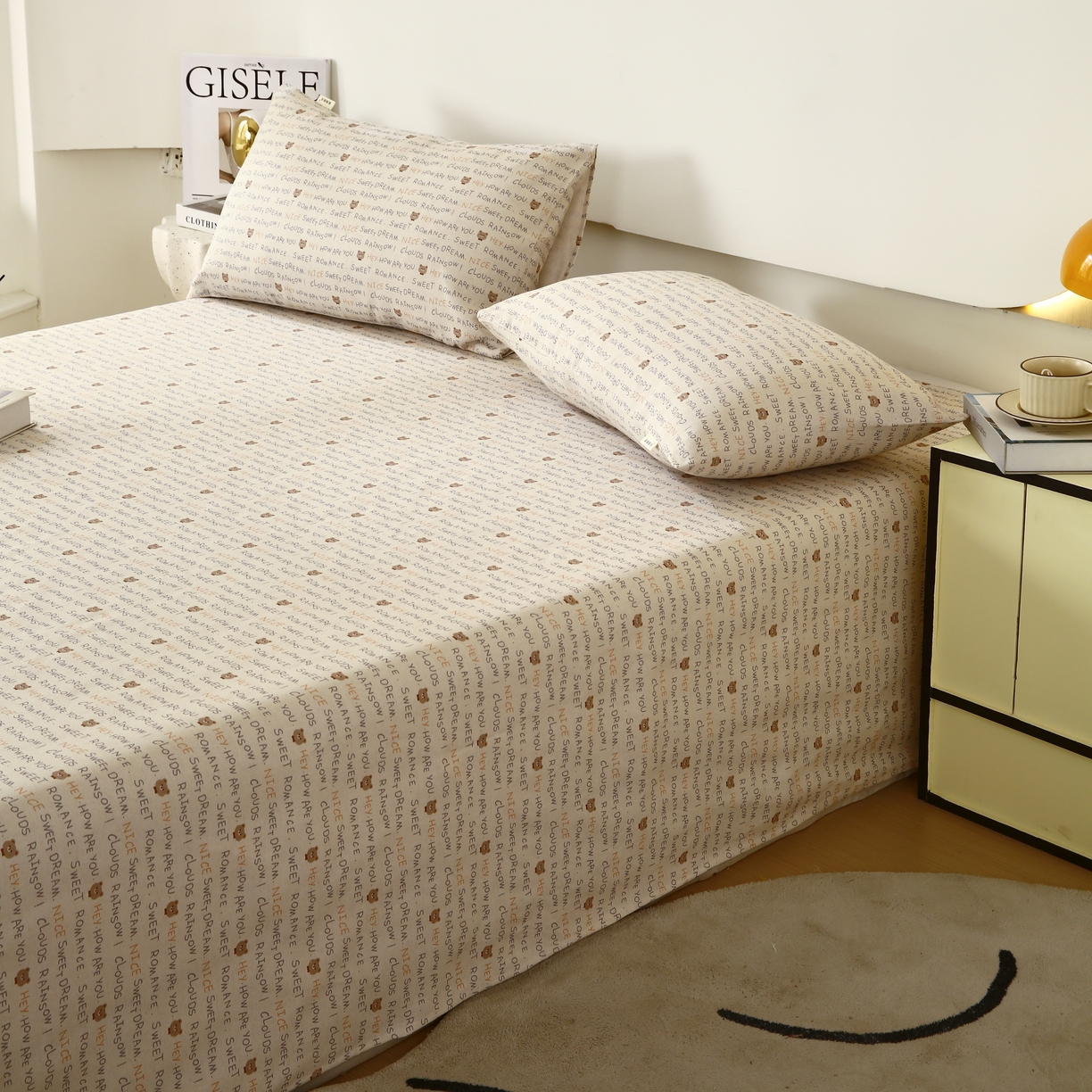 91家纺网 家纺一手货源 找家纺 爱彼家纺 2025夏季古艺原棉老粗布床单三件套凉席-系列五 字母小熊