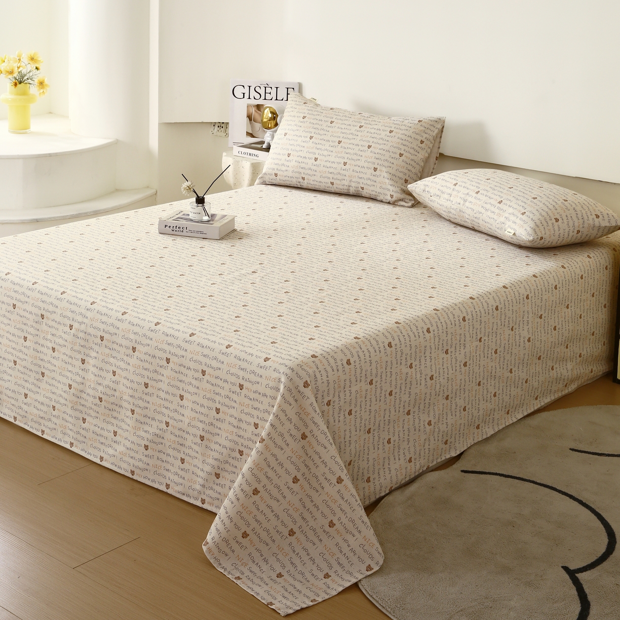 91家纺网 家纺一手货源 找家纺 爱彼家纺 2025夏季古艺原棉老粗布床单三件套凉席-系列五 字母小熊