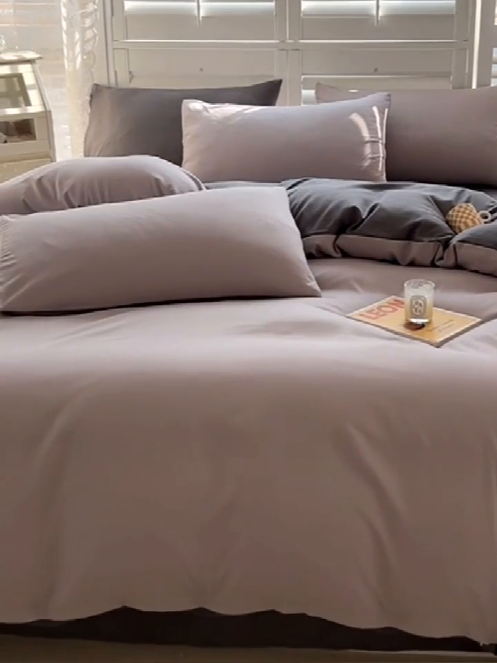 91家纺网 家纺一手货源 找家纺 啊雅家居 2025新款学生宿舍双拼磨毛被套床单床笠单品三件套四件套 浅灰加深灰
