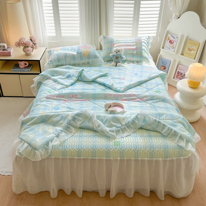 91家纺网 家纺一手货源 找家纺 沐慕 2025新款床裙款凉感丝凉席三件套 床裙-多巴胺