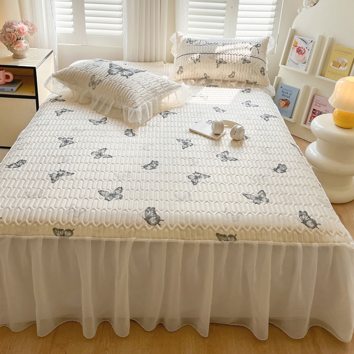 沐慕 2025新款床裙款凉感丝凉席三件套 床裙-白蝴蝶