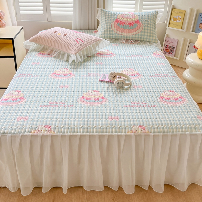 沐慕 2025新款床裙款凉感丝凉席三件套 床裙-蛋糕猫咪