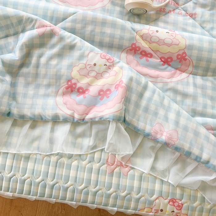 91家纺网 家纺一手货源 找家纺 沐慕 2025新款床裙款凉感丝凉席三件套 床裙-蛋糕猫咪