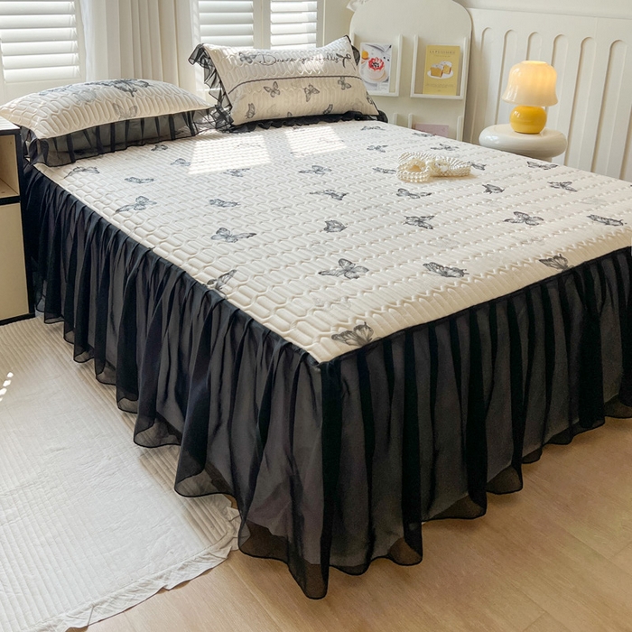 91家纺网 家纺一手货源 找家纺 沐慕 2025新款床裙款凉感丝凉席三件套 床裙-黑蝴蝶