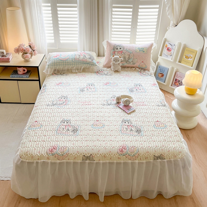 91家纺网 家纺一手货源 找家纺 沐慕 2025新款床裙款凉感丝凉席三件套 床裙-玫瑰粉喵