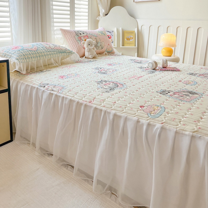 91家纺网 家纺一手货源 找家纺 沐慕 2025新款床裙款凉感丝凉席三件套 床裙-玫瑰粉喵