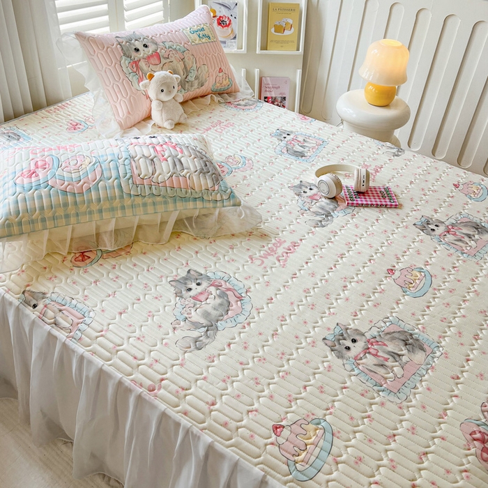 91家纺网 家纺一手货源 找家纺 沐慕 2025新款床裙款凉感丝凉席三件套 床裙-玫瑰粉喵