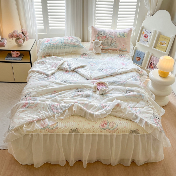 91家纺网 家纺一手货源 找家纺 沐慕 2025新款床裙款凉感丝凉席三件套 床裙-玫瑰粉喵