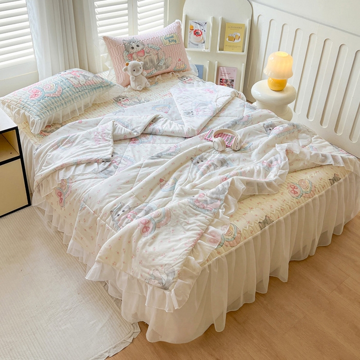 91家纺网 家纺一手货源 找家纺 沐慕 2025新款床裙款凉感丝凉席三件套 床裙-玫瑰粉喵