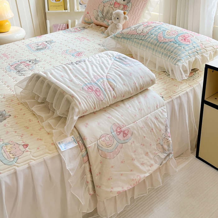 91家纺网 家纺一手货源 找家纺 沐慕 2025新款床裙款凉感丝凉席三件套 床裙-玫瑰粉喵