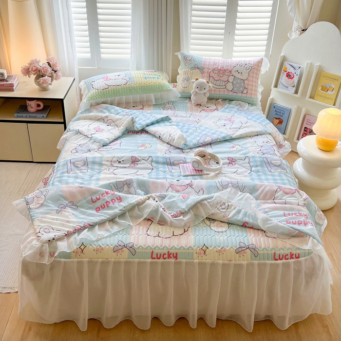 91家纺网 家纺一手货源 找家纺 沐慕 2025新款床裙款凉感丝凉席三件套 床裙-甜心宝贝