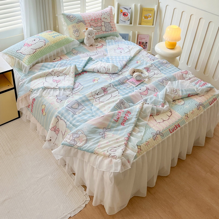 91家纺网 家纺一手货源 找家纺 沐慕 2025新款床裙款凉感丝凉席三件套 床裙-甜心宝贝