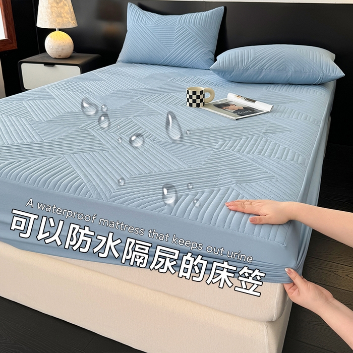 十一家居 2025新款A類防水夾棉親膚水洗棉床笠床墊保護套—幾何系列 淺藍