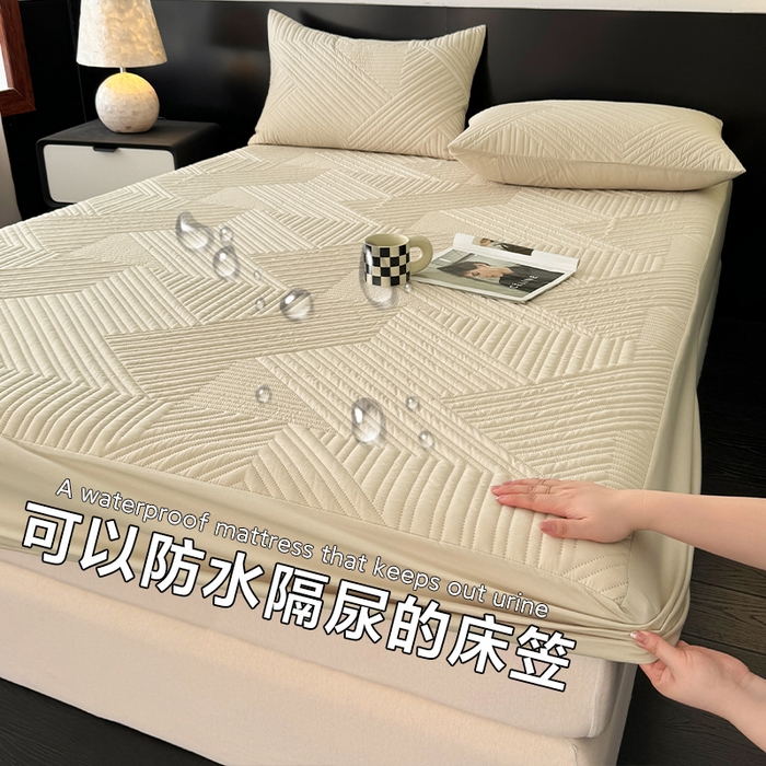十一家居 2025新款A類防水夾棉親膚水洗棉床笠床墊保護套—幾何系列 卡其