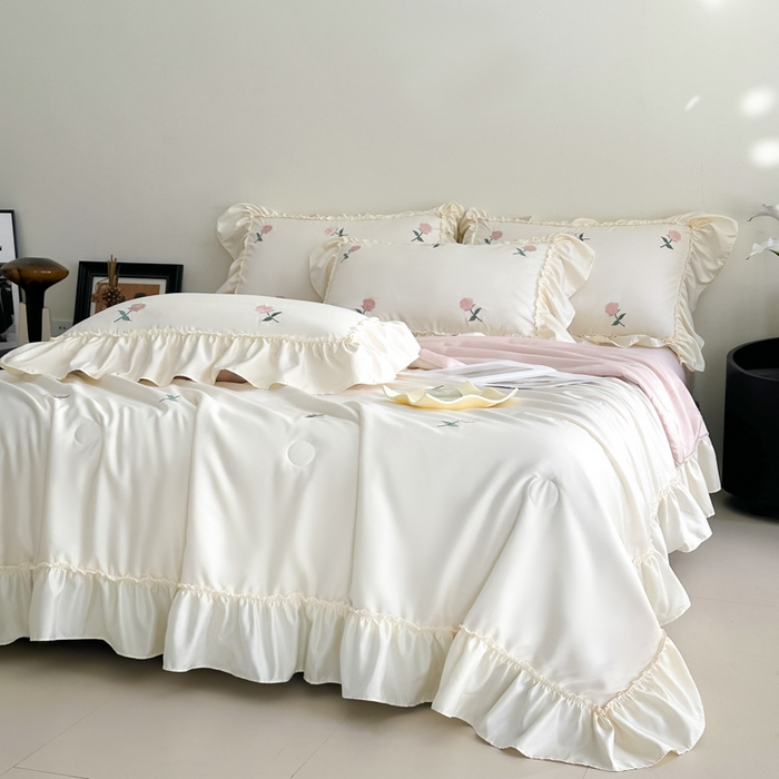 91家纺网 家纺一手货源 找家纺 （总）红嘴企鹅 2025新款冰丝贴边花边夏被夏凉被空调被四件套