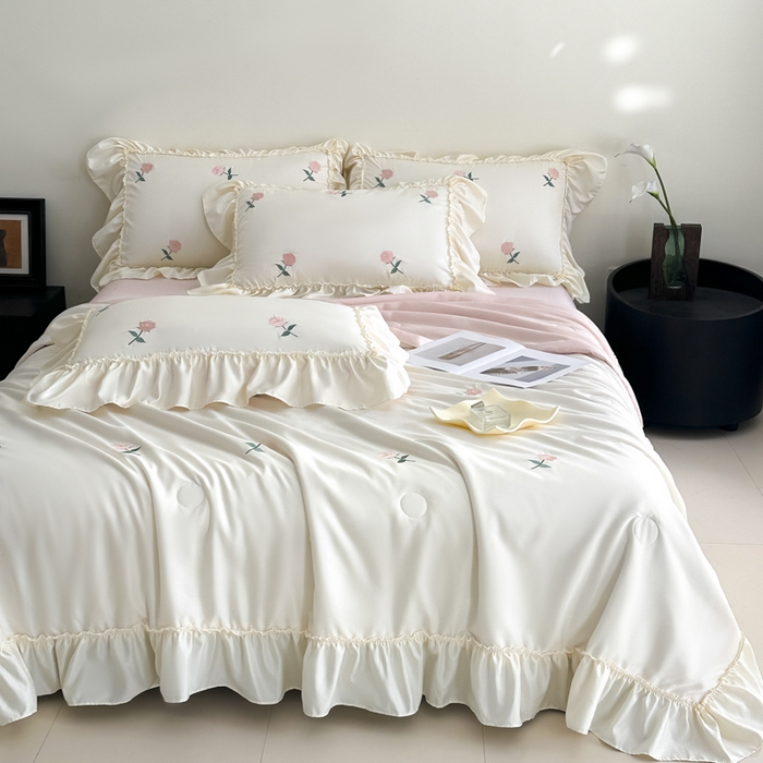 91家纺网 家纺一手货源 找家纺 （总）红嘴企鹅 2025新款冰丝贴边花边夏被夏凉被空调被四件套