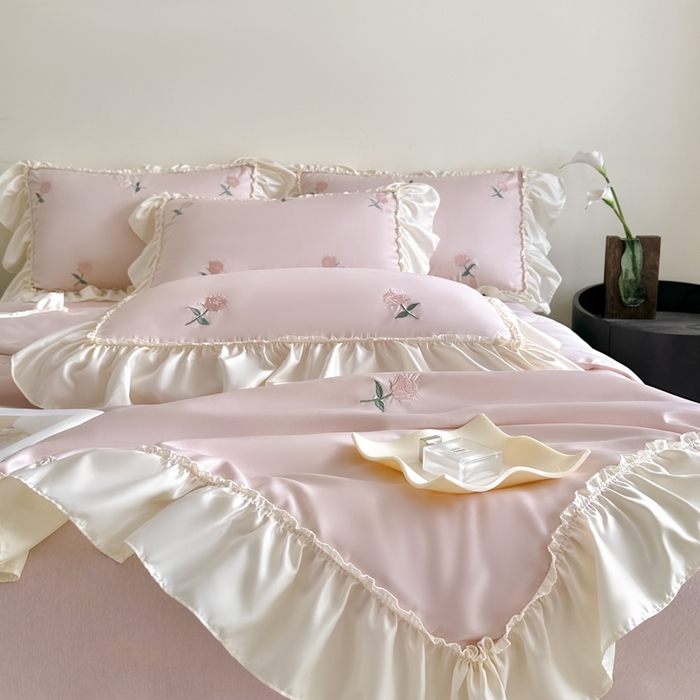 91家纺网 家纺一手货源 找家纺 红嘴企鹅 2025新款冰丝贴边花边夏被夏凉被空调被四件套 冰丝玫瑰花-粉