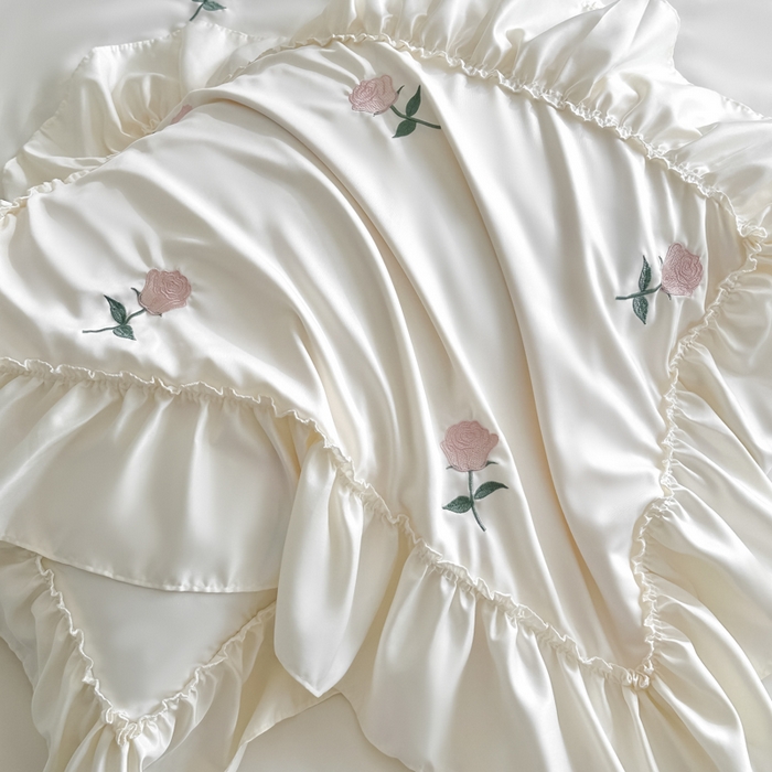 91家纺网 家纺一手货源 找家纺 红嘴企鹅 2025新款冰丝贴边花边夏被夏凉被空调被四件套 冰丝玫瑰花-白