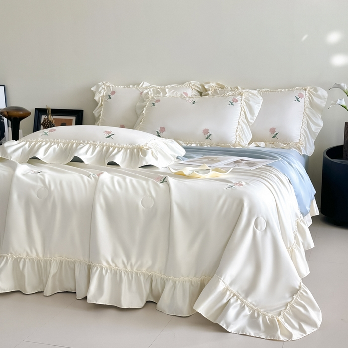 91家纺网 家纺一手货源 找家纺 红嘴企鹅 2025新款冰丝贴边花边夏被夏凉被空调被四件套 冰丝玫瑰花-蓝