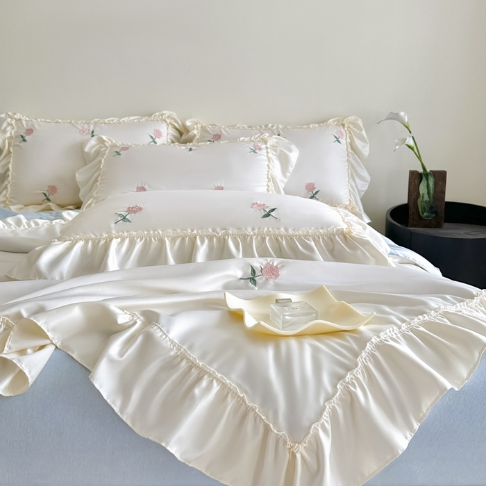 91家纺网 家纺一手货源 找家纺 红嘴企鹅 2025新款冰丝贴边花边夏被夏凉被空调被四件套 冰丝玫瑰花-蓝