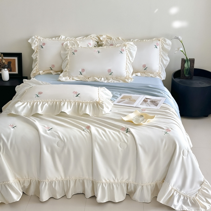 91家纺网 家纺一手货源 找家纺 红嘴企鹅 2025新款冰丝贴边花边夏被夏凉被空调被四件套 冰丝玫瑰花-蓝