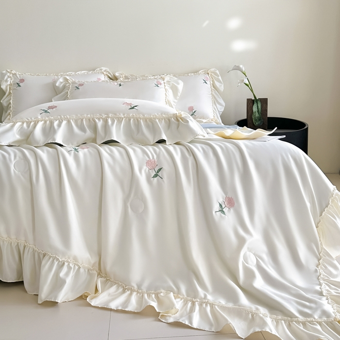 91家纺网 家纺一手货源 找家纺 红嘴企鹅 2025新款冰丝贴边花边夏被夏凉被空调被四件套 冰丝玫瑰花-蓝