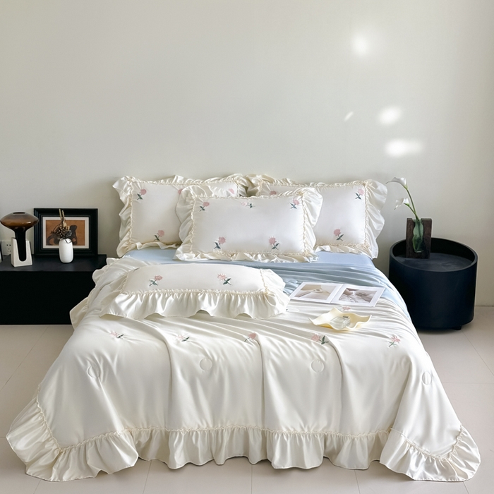 91家纺网 家纺一手货源 找家纺 红嘴企鹅 2025新款冰丝贴边花边夏被夏凉被空调被四件套 冰丝玫瑰花-蓝