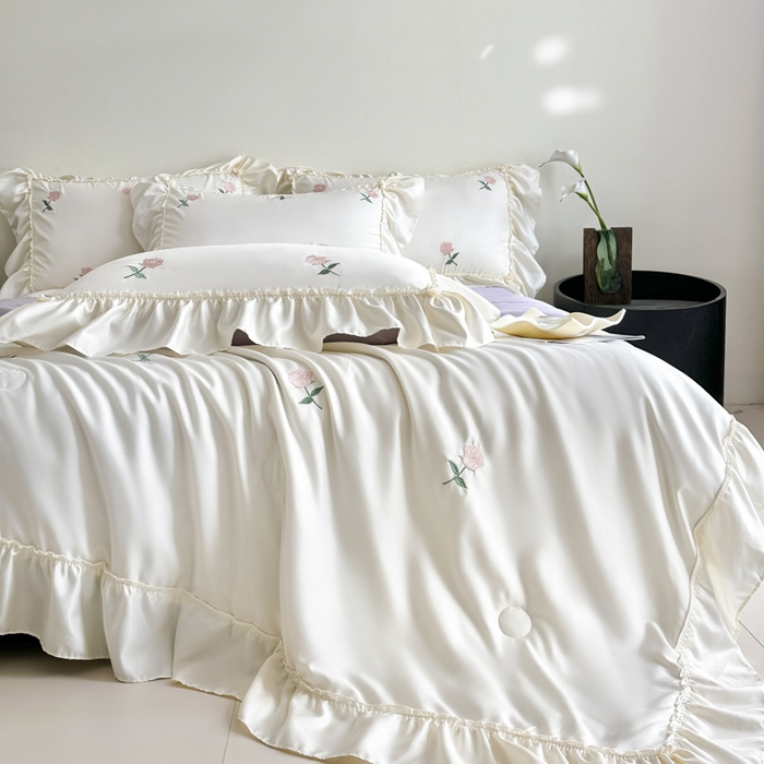 91家纺网 家纺一手货源 找家纺 红嘴企鹅 2025新款冰丝贴边花边夏被夏凉被空调被四件套 冰丝玫瑰花-紫