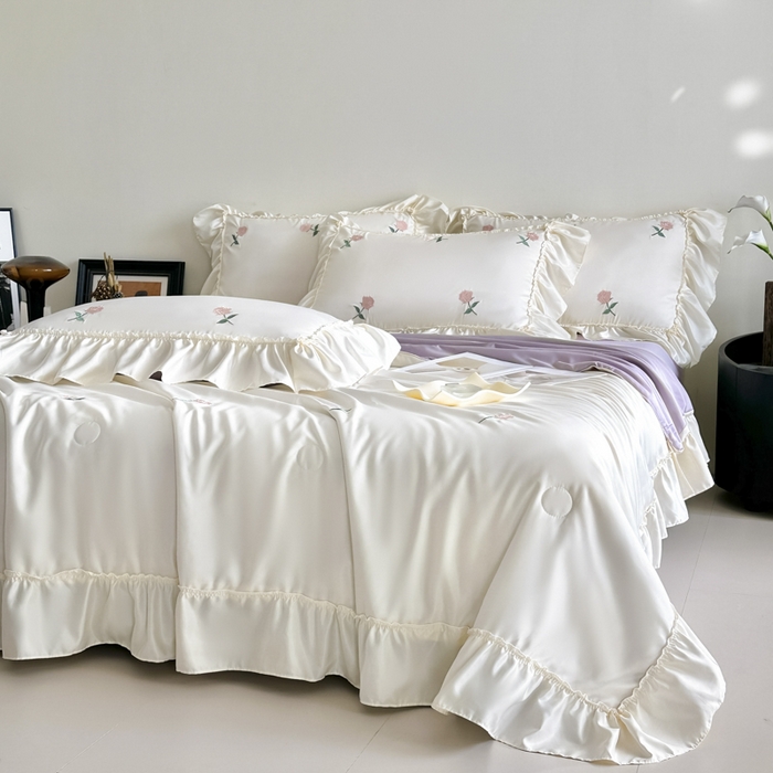 91家纺网 家纺一手货源 找家纺 红嘴企鹅 2025新款冰丝贴边花边夏被夏凉被空调被四件套 冰丝玫瑰花-紫