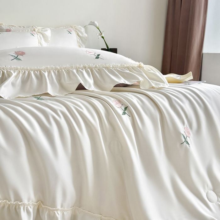 91家纺网 家纺一手货源 找家纺 红嘴企鹅 2025新款冰丝贴边花边夏被夏凉被空调被四件套 冰丝玫瑰花-紫